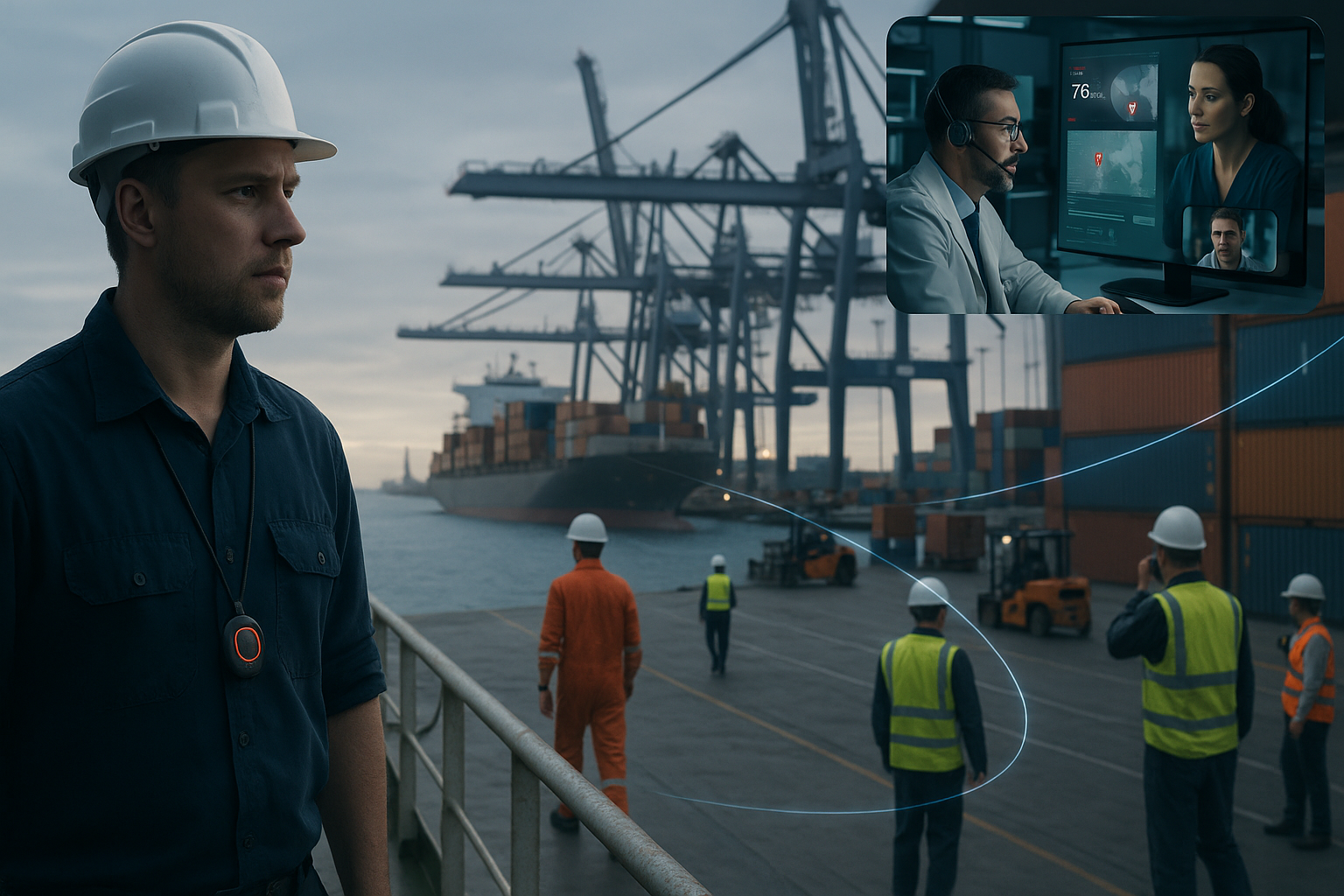 Crew at a port with container ship in background