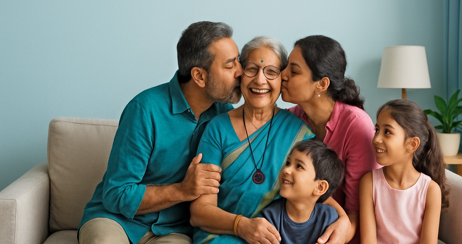 Smiling elderly woman in bed using senior safety devices