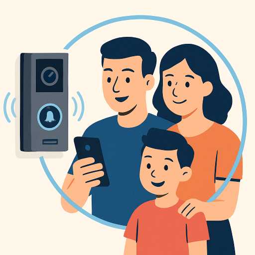 Family together smiling-seniors with caregivers using elder care and safety devices